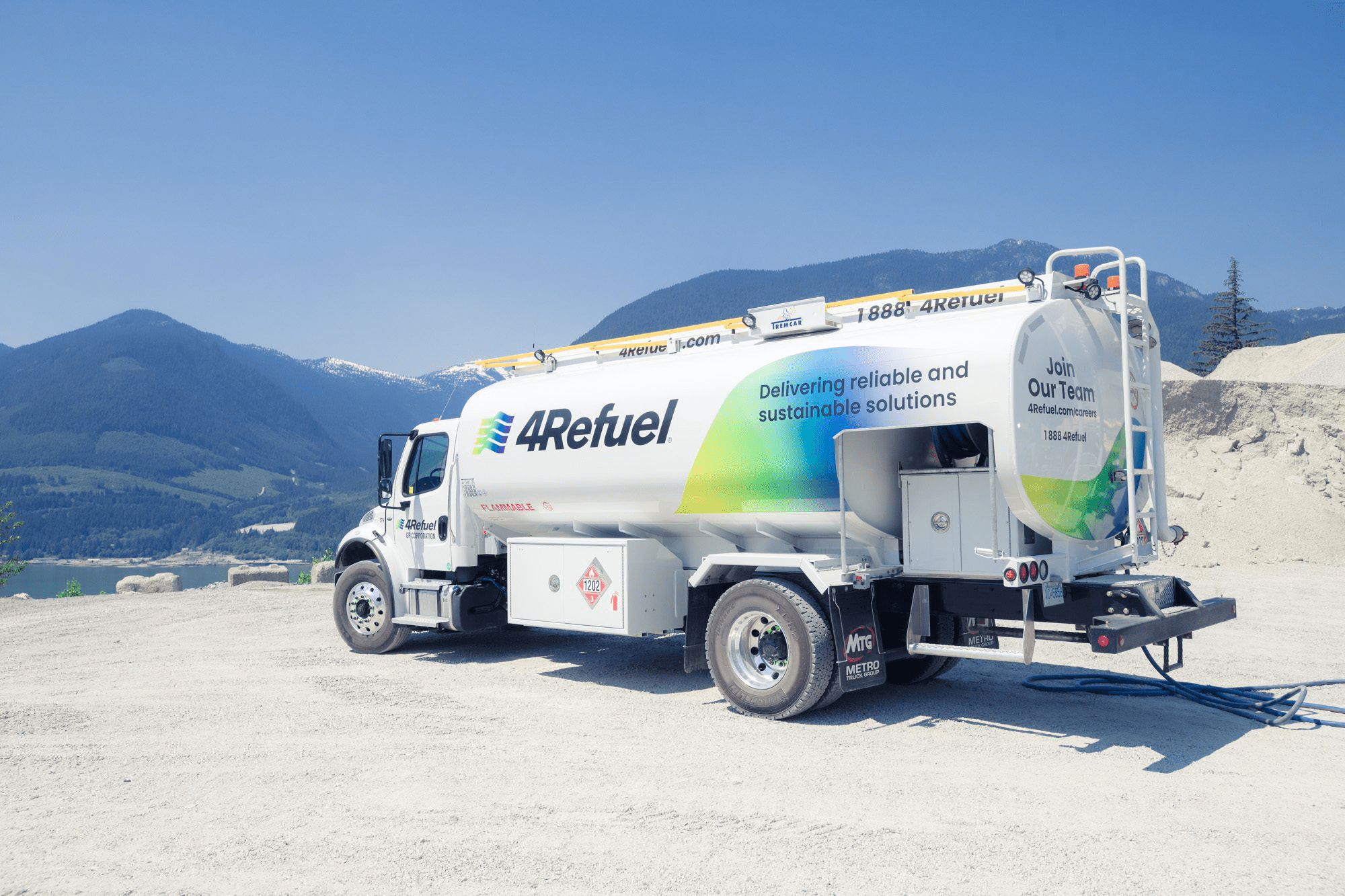 A 4Refuel fuel delivery truck with the BC mountains behind it
