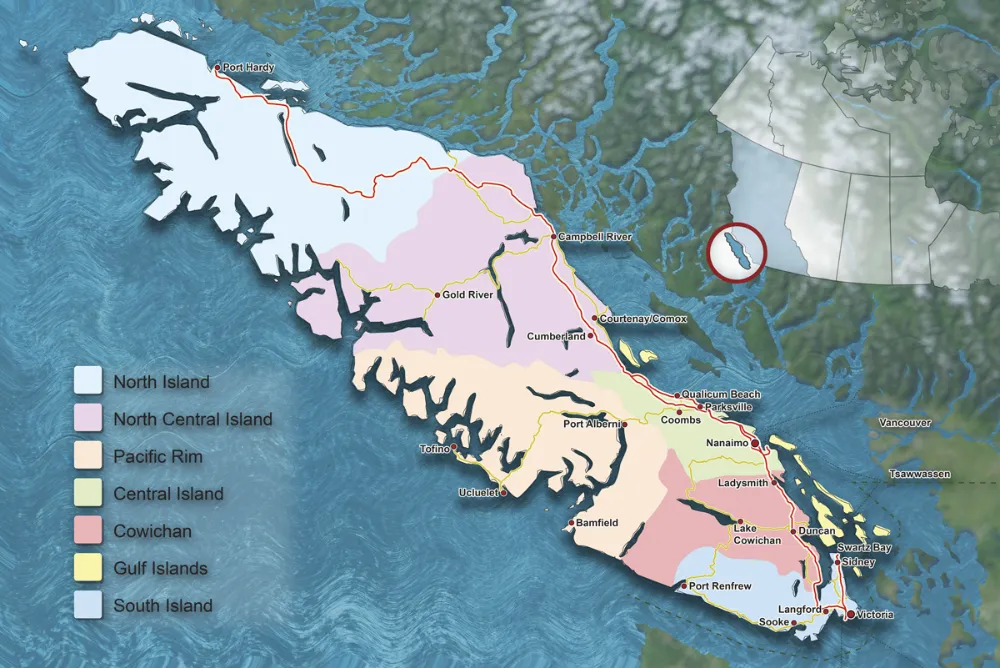 Map of Vancouver Island showing the regions VI4Refuel serves, with the Victoria/Malahat and Nanaimo yards marked